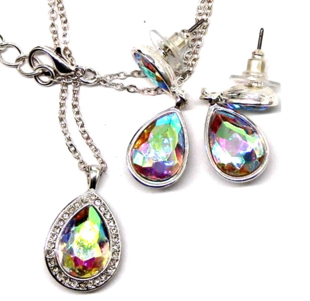 Fiery Aurora Borealis Rhinestone Necklace Earring Set • Silvertone • Tear Drop